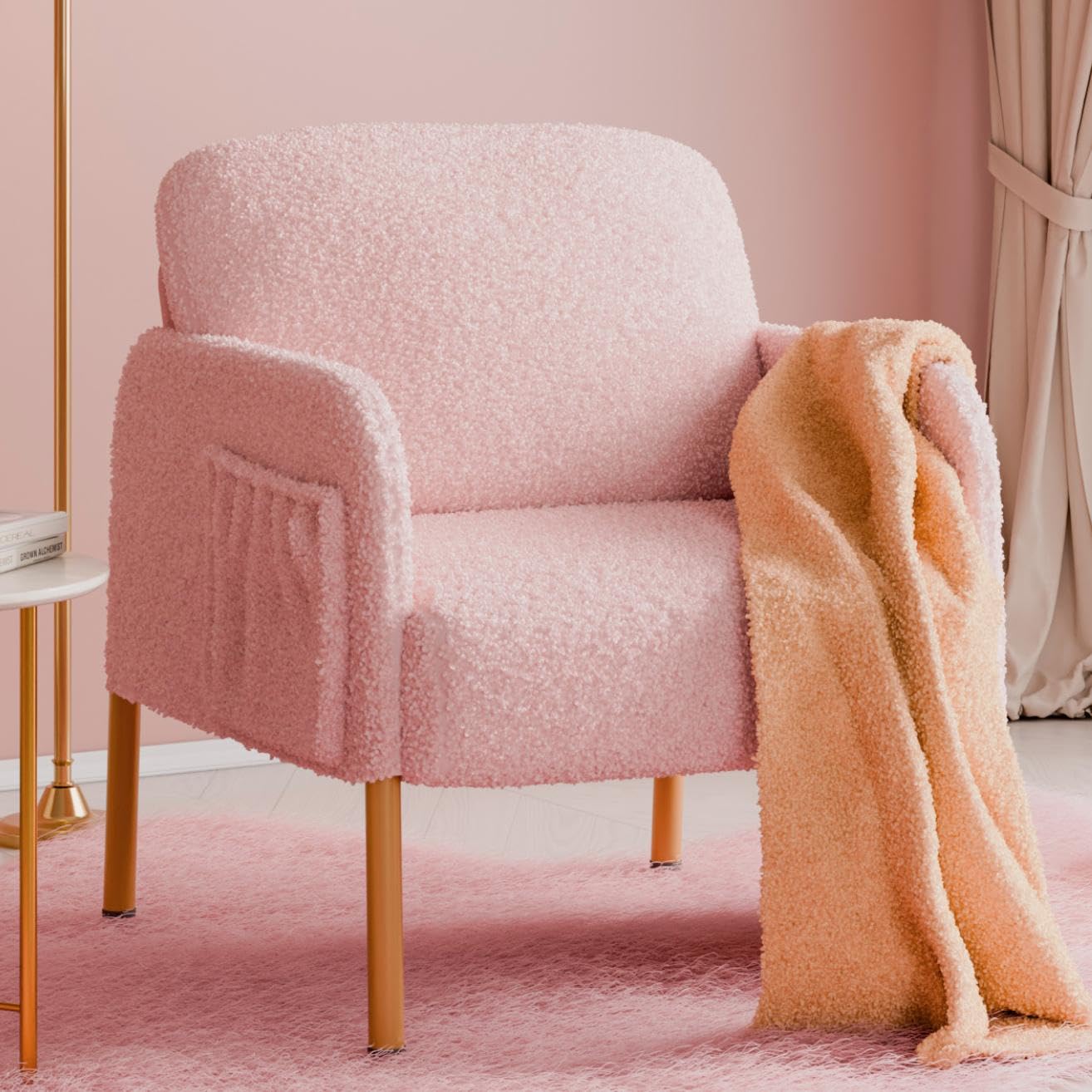 Mondeer Armchair, Single Lounge Sofa with Side Pocket with Metal Legs, Cosy Faux Lambskin Fabric, Modern, for Living Room, Bedroom, Study, 63 x 75 x 75 cm, White