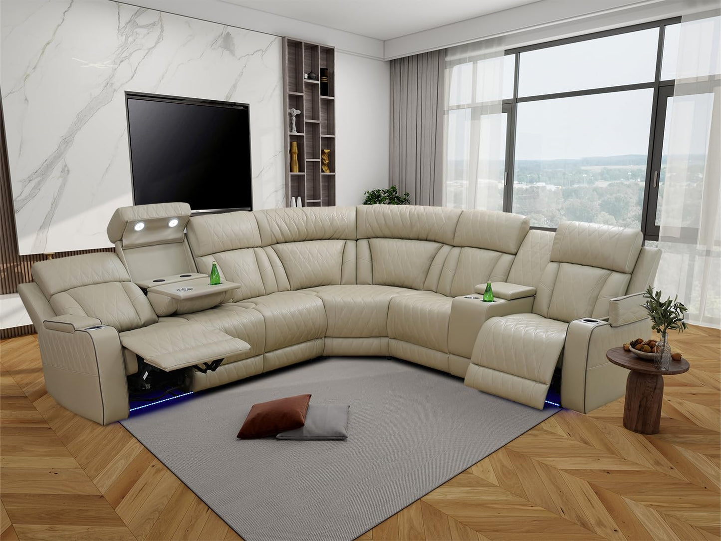 Power Recliner Sectional Sofa Set,Living Room Furniture Sets,Black Leather Sectional Reclining Couch Power Reclining Sofa with LED Light/Storage Console for Living Room