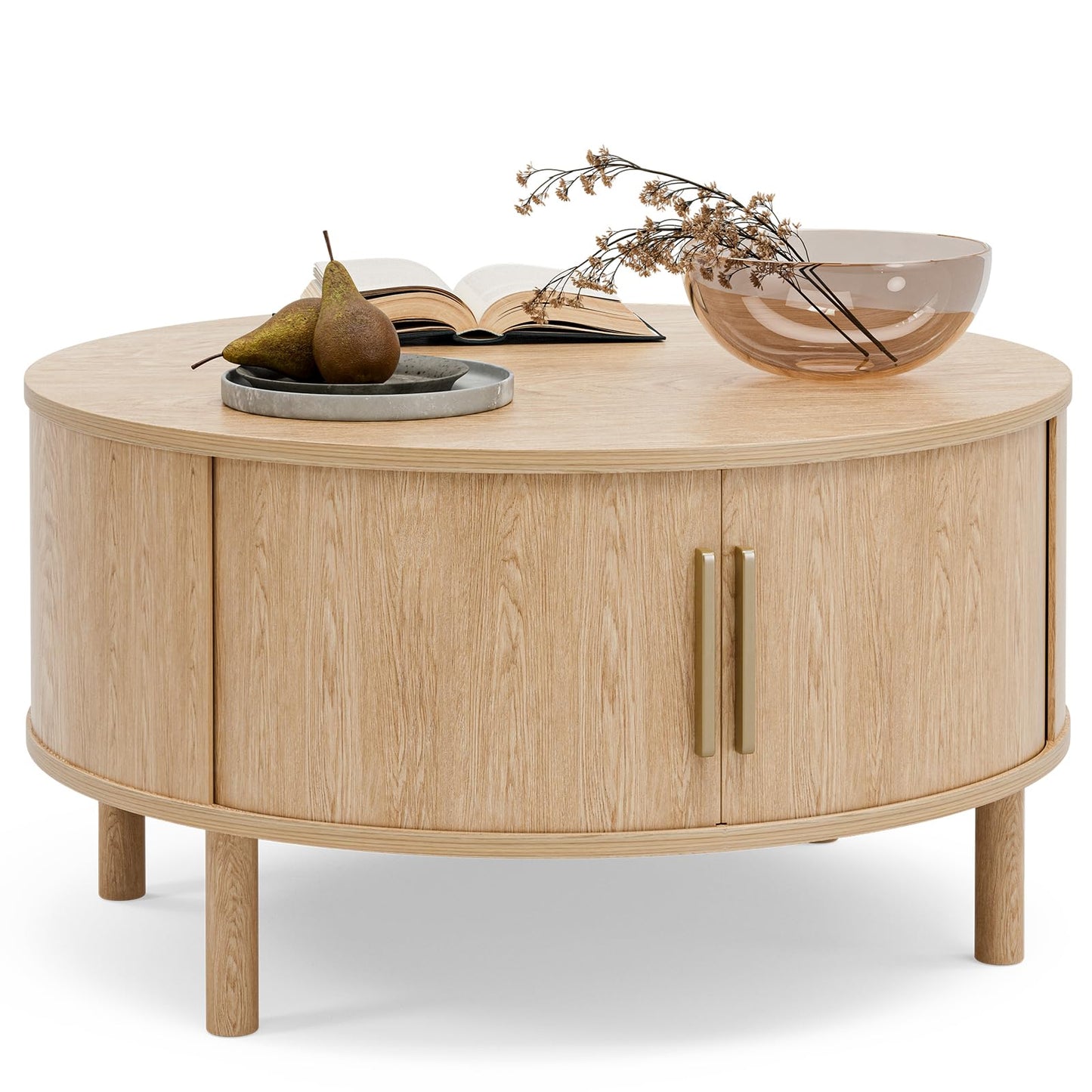 Coffee Table for Living Room, Modern Oval Coffee Table with Cabinets & Sliding Doors, Home Small Space, 29.9" Fluted Center Table, Natual