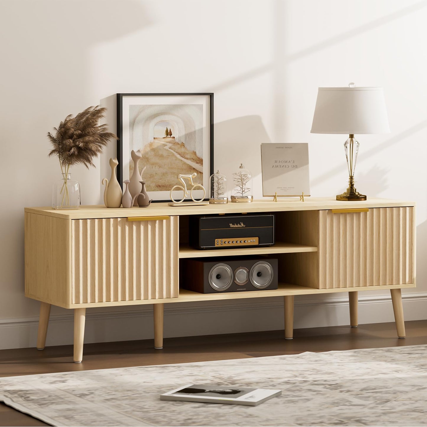 TV Stand for Living Room, Mid Century Modern Entertainment Center for 55/60 inch TVs, TV Console with Fluted Door Cabinets and Open Shelves, for Bedroom, Walnut