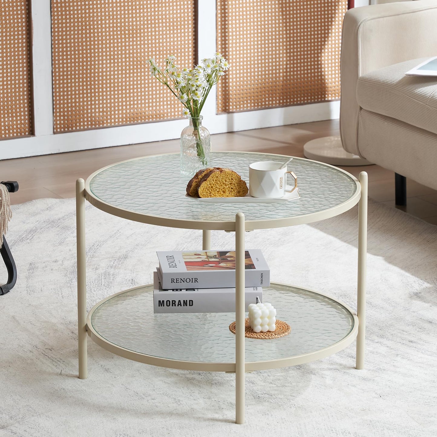VINGLI 25.6" Rattan Coffee Table, Round Water-Wave Glass Metal Center Table, Modern Coffee Table with 2-Tier Storage, Farmhouse Circular Table for Living Room and Small Space, Natural Vibe