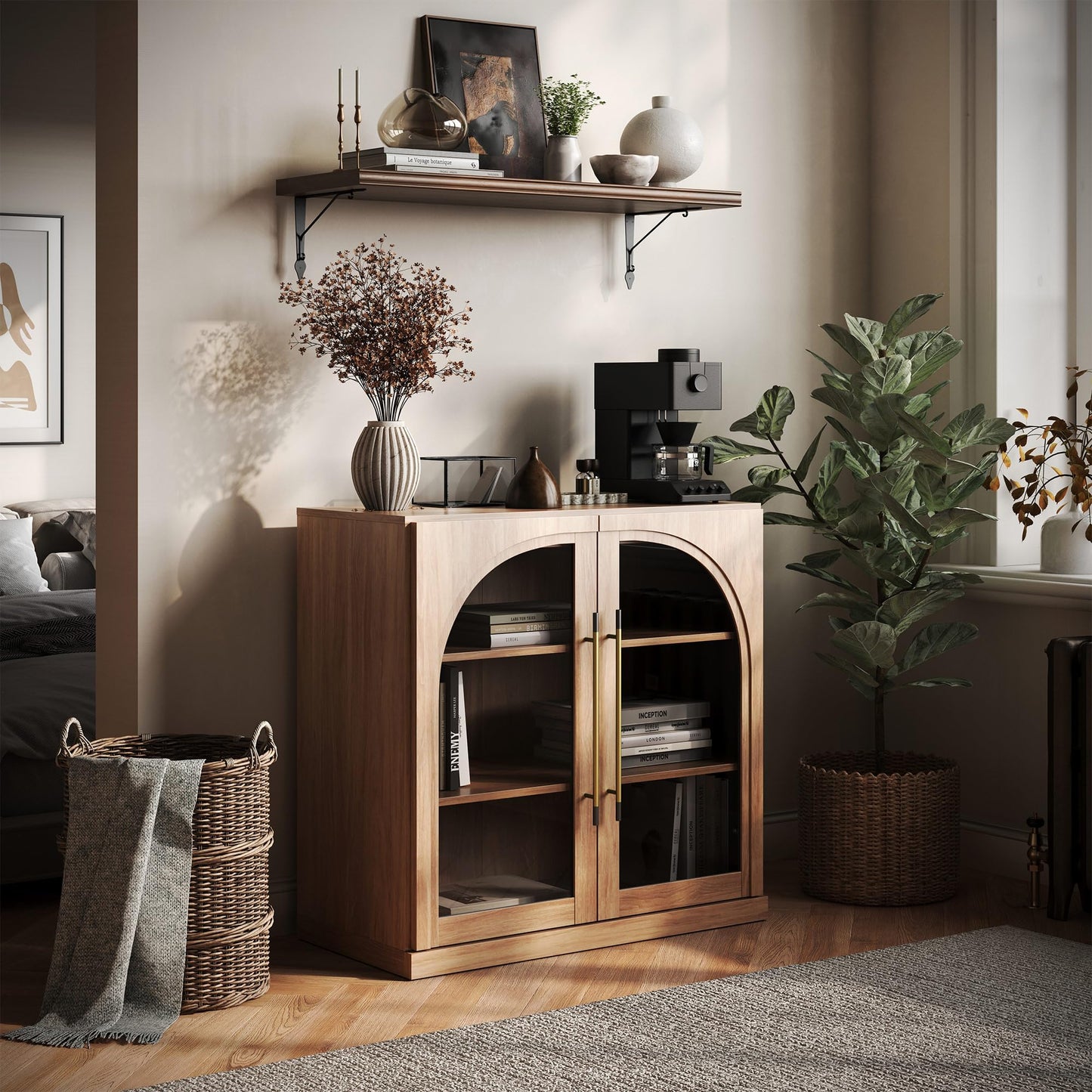 BELLEZE 65 Inch Fluted Buffet Cabinet with Storage, Symmetrical Arc Accent Sideboard Large Console Table for Dining Room, Kitchen, and Living Room (Camel)