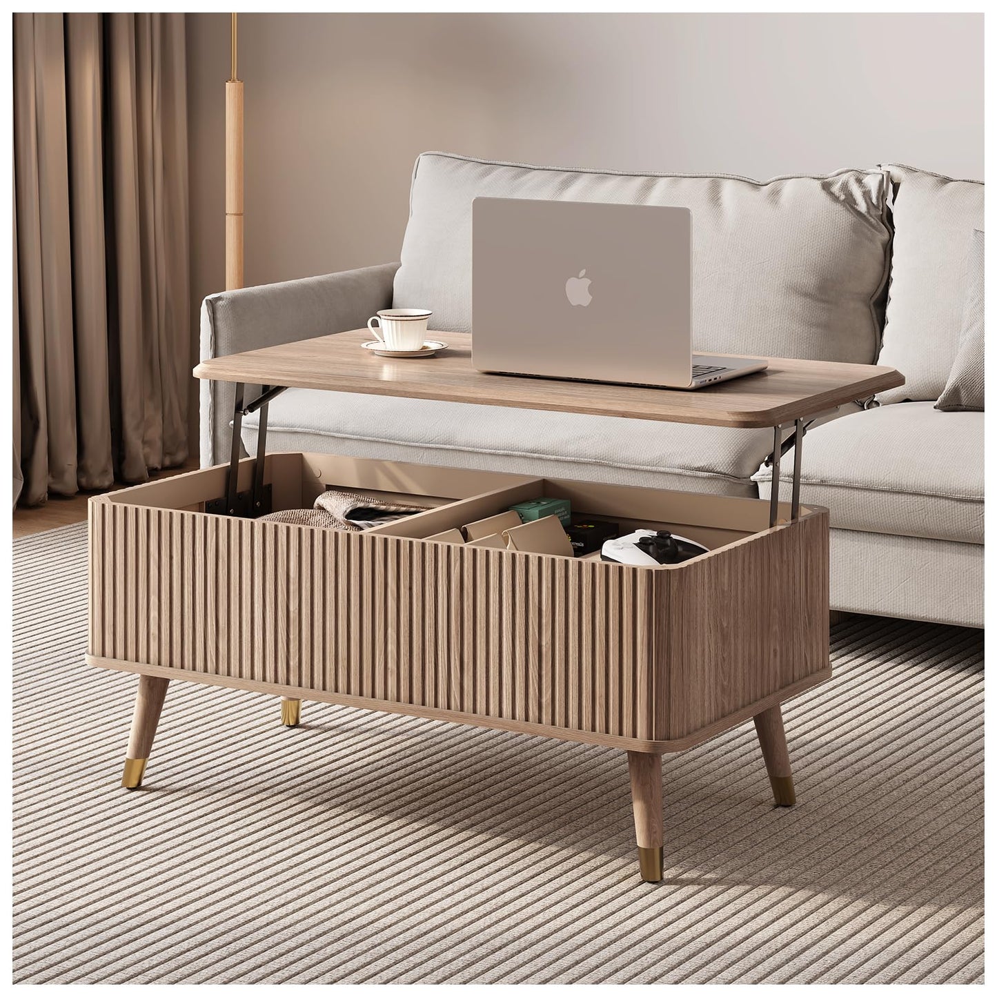 Round Coffee Table with Storage,Mid Century Modern Circle Coffee Table for Living Room,31.5" Small Fluted Center Table with Sliding Door,Home Small Space, Walnut