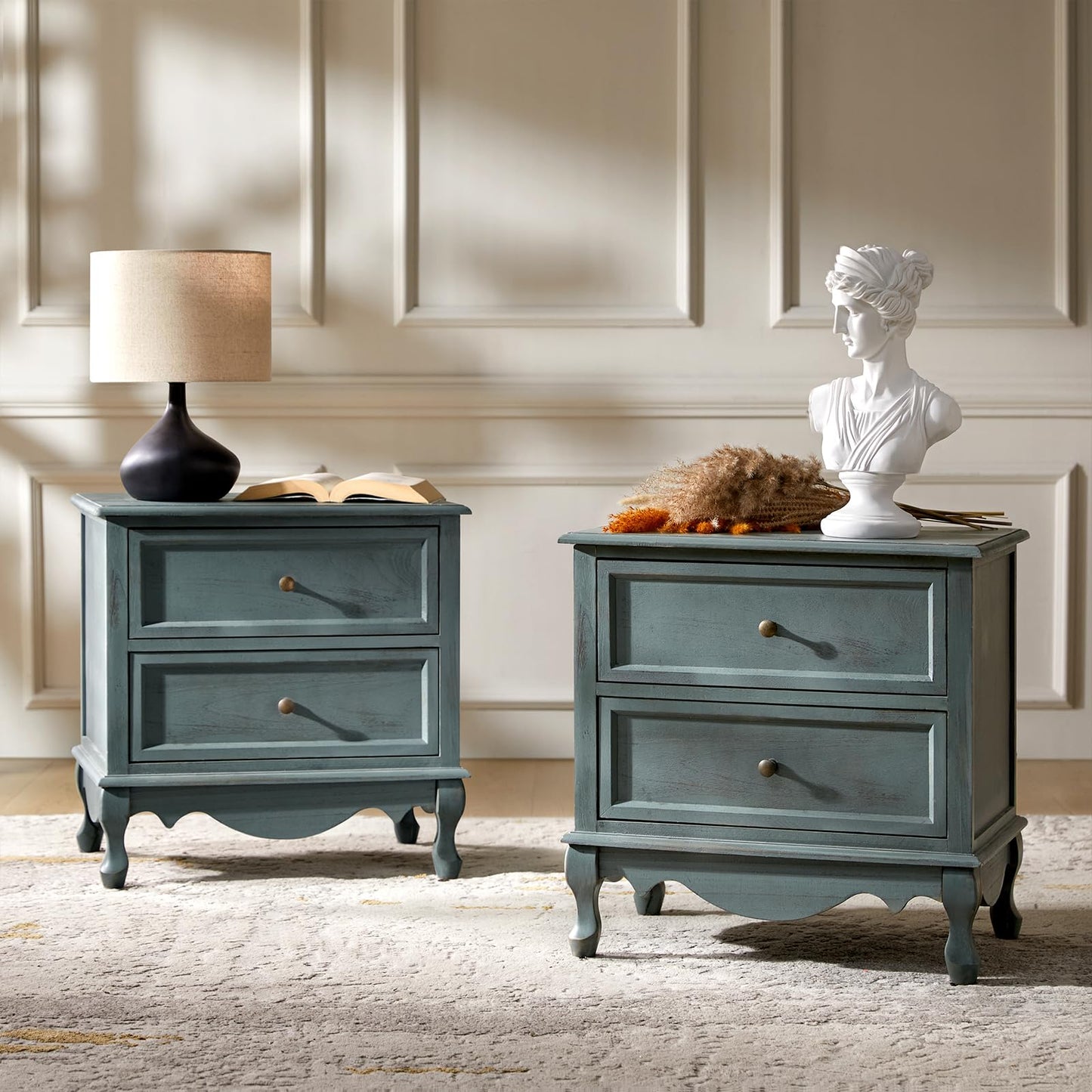 HULALA HOME Solid Wood Nightstand with Charging Station, Vintage Night Stand with Wood Legs and 2 Drawers, French Bedside Table for Bedroom Living Room,Walnut