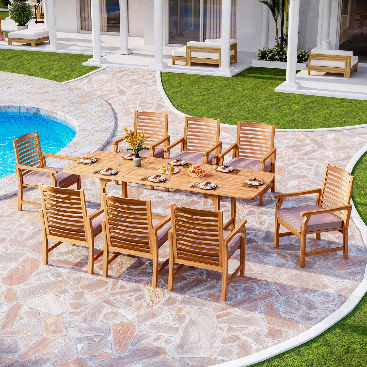 PHI VILLA 7 PCS Acacia Wood Outdoor Dining Set for 6, Expandable Teak Wooden Table & Chairs with Cushions, Farmhouse Dining Furniture Set for Patio, Deck, Yard