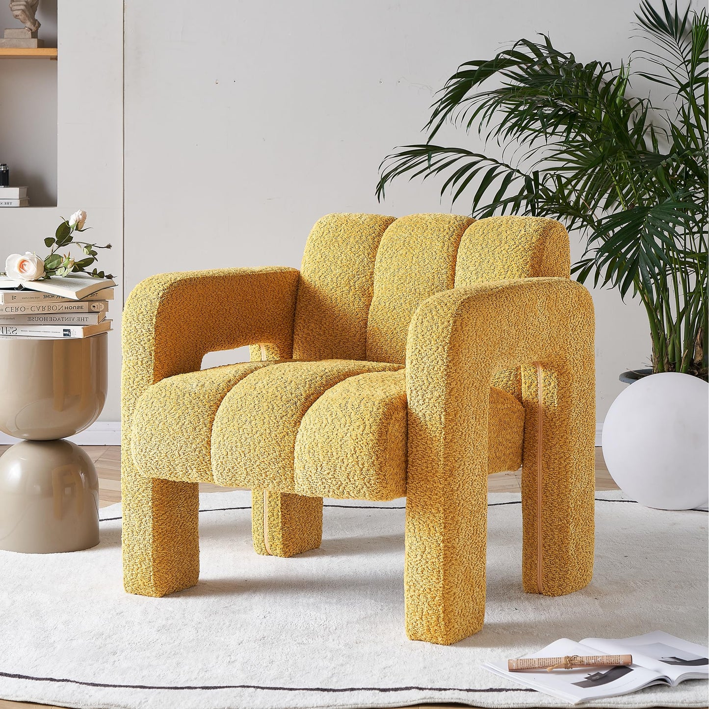 Yoglad Modern Accent Chair, Bouclé Fabric Upholstered Armchair, Comfy Single Chair for Living Room Lounge Bedroom Office-Dark Grey