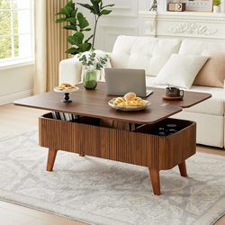 Lift Top Fluted Convertible Coffee Table Wooden Storage with Drawers
