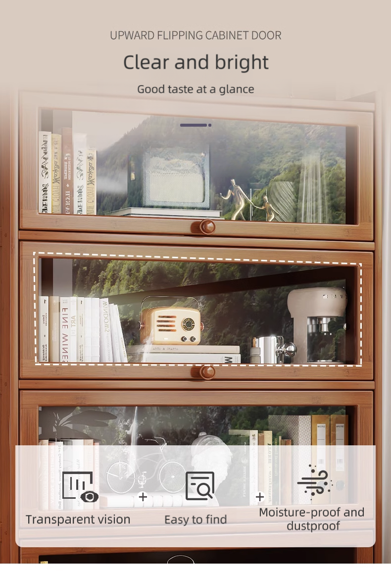 Retro Wooden Bookshelf with Doors Solid Wood Storage Cabinet