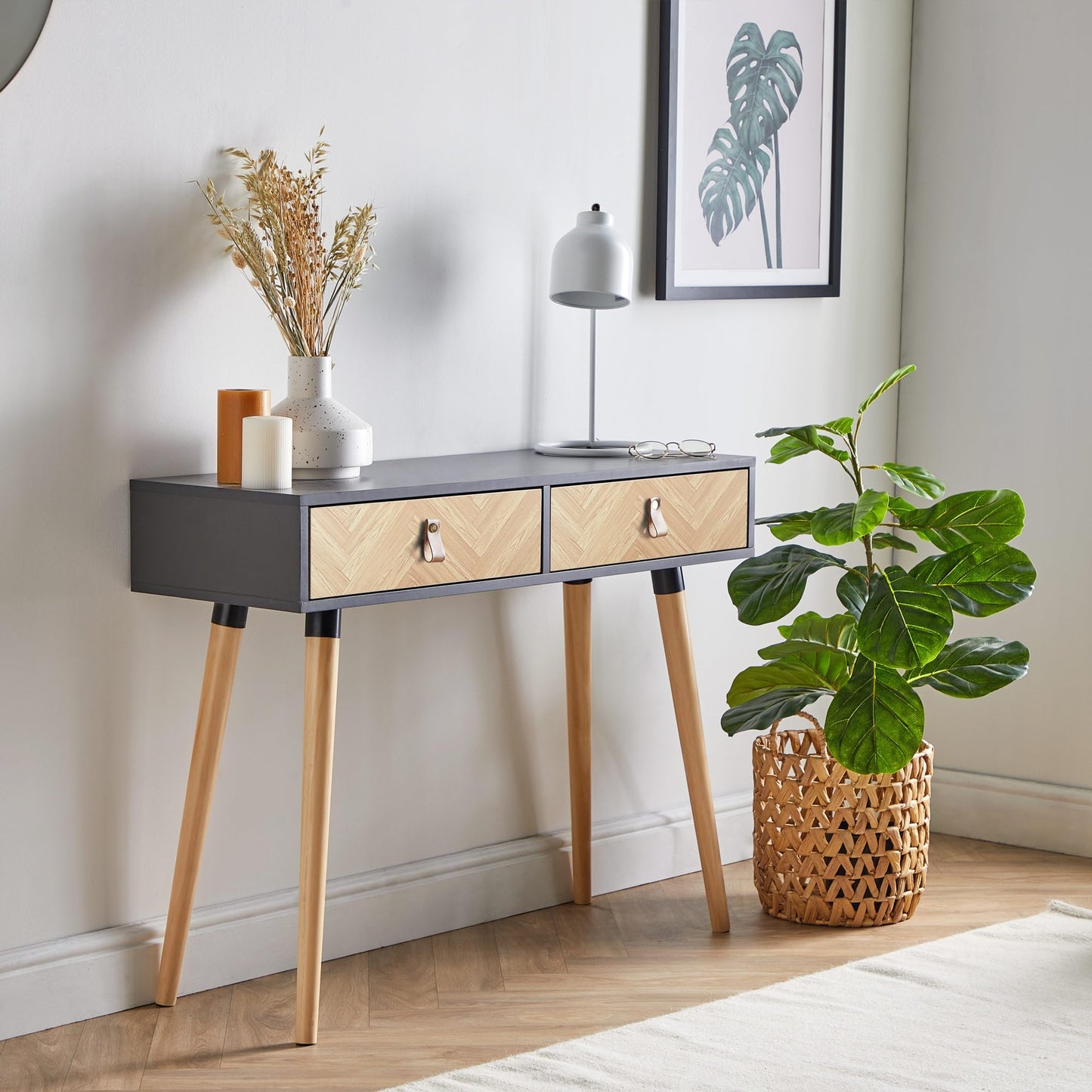 Living Room Furniture Grey & Wood Effect 2-Drawer Console Table