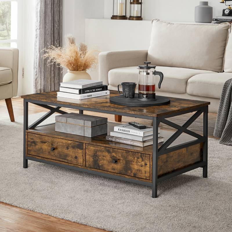 Home Furniture Living Room Table 2 Tier Wood Coffee Table 2 Drawers