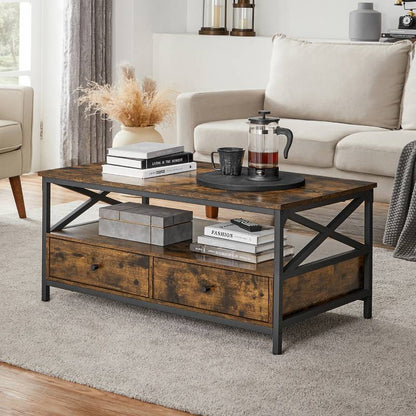 Home Furniture Living Room Table 2 Tier Wood Coffee Table 2 Drawers