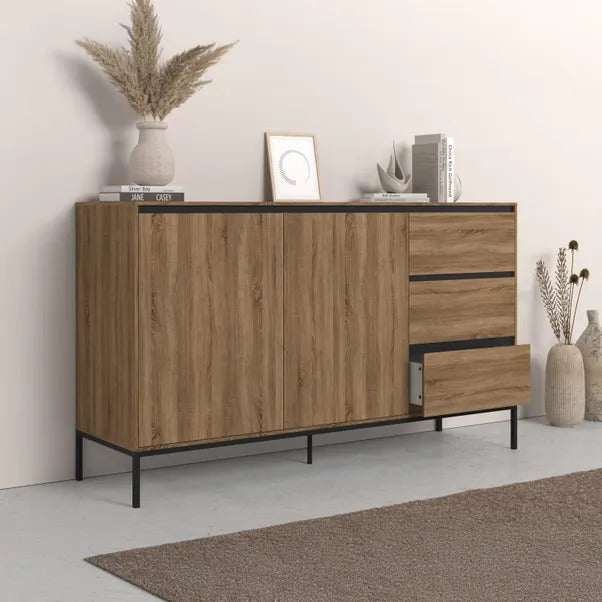 Oak Effect Wooden Sideboard with 3 Drawers and 2 Doors Buffet Cabinet Storage