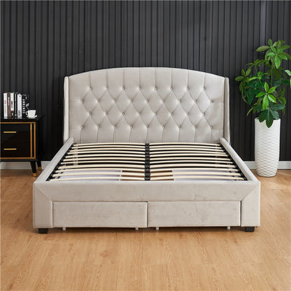 Button Upholstered Double Single Queen King Size Fabric Storage Bed Frame With Storage Drawers