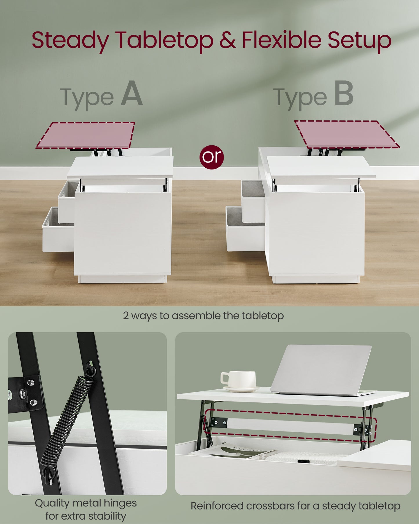 White Lift-top Living Room Table Open Compartments Wooden Height Adjustable Coffee Table