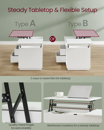 White Lift-top Living Room Table Open Compartments Wooden Height Adjustable Coffee Table