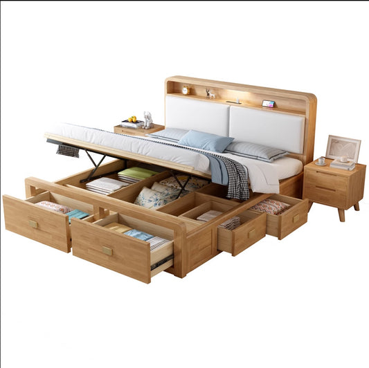 Solid Wood King-Size Bed with Night Light Queen-Size Wooden Bed with Storage
