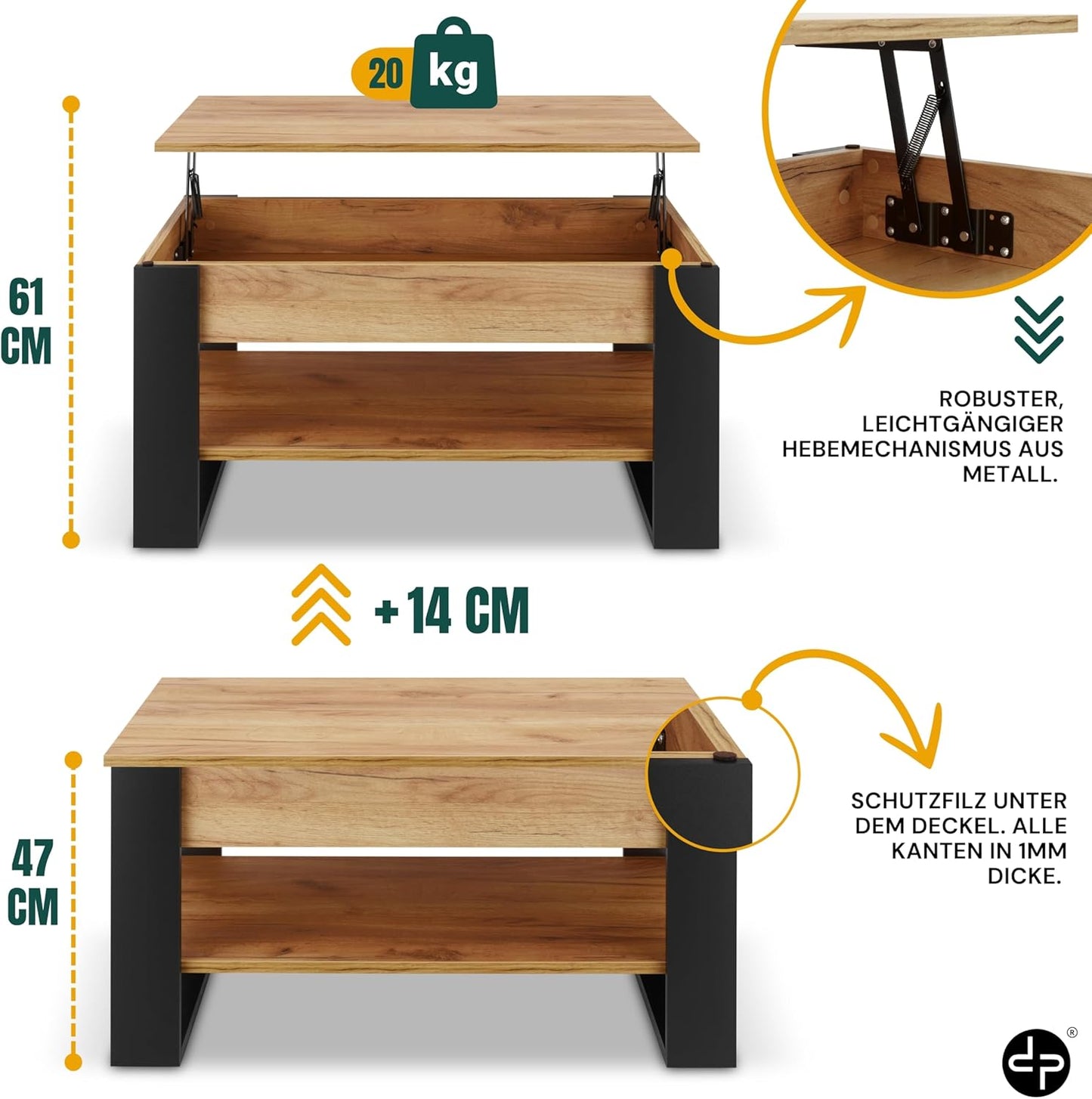 Large Capacity Storage Table Simple Wood Metal Standing Type Double Use Coffee Table