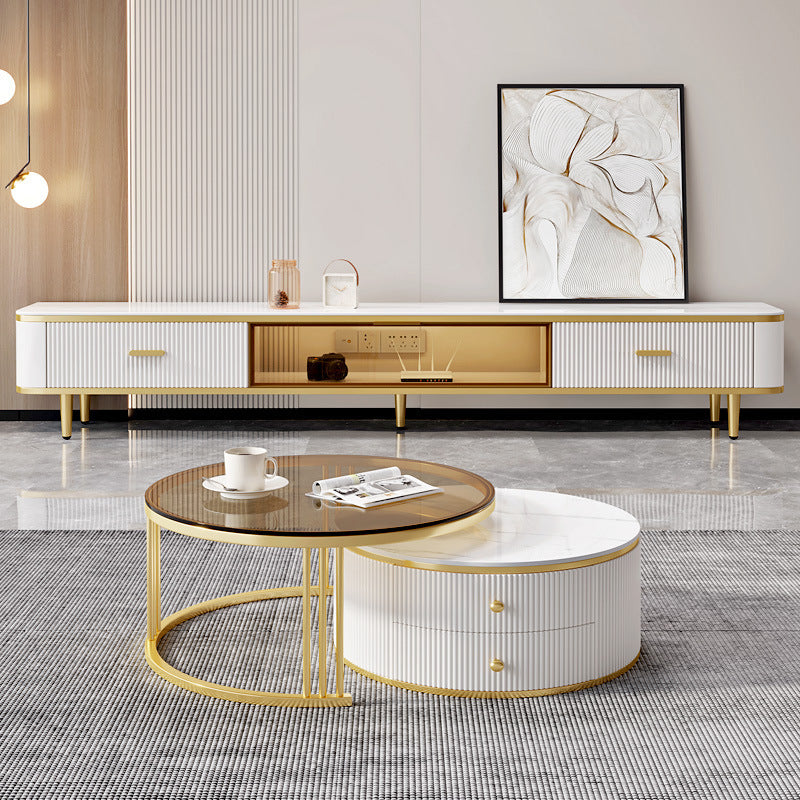 Floating White Large Living Room Furniture Marble Tv Stand and Coffee Table Set with Drawers