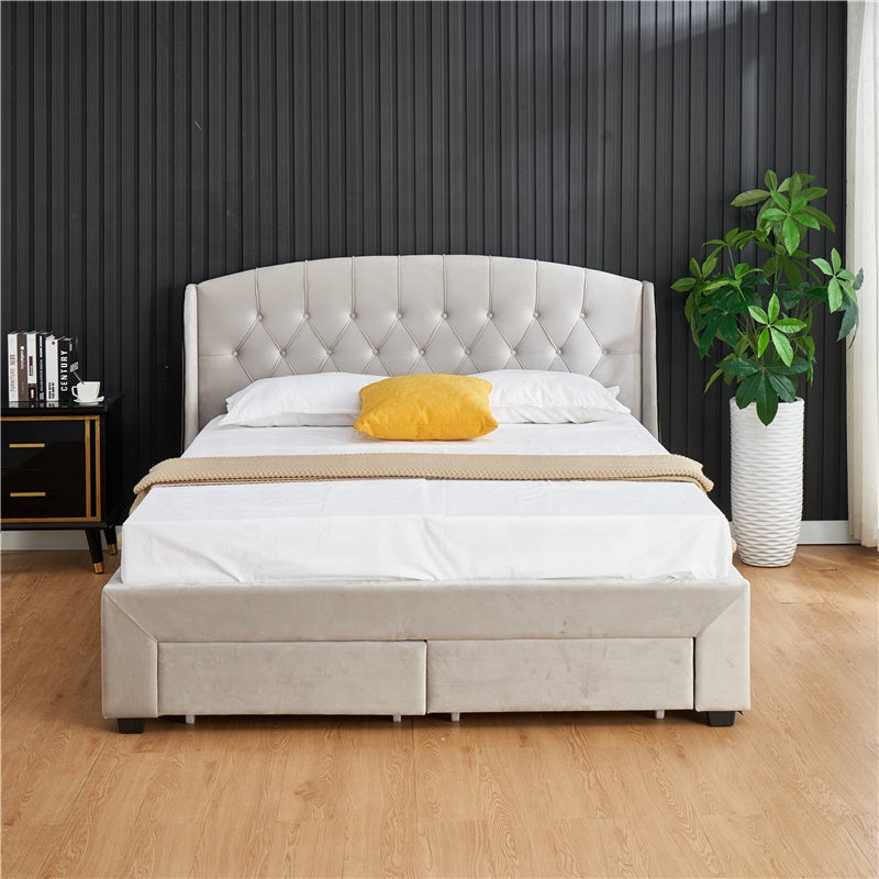 Button Upholstered Double Single Queen King Size Fabric Storage Bed Frame With Storage Drawers