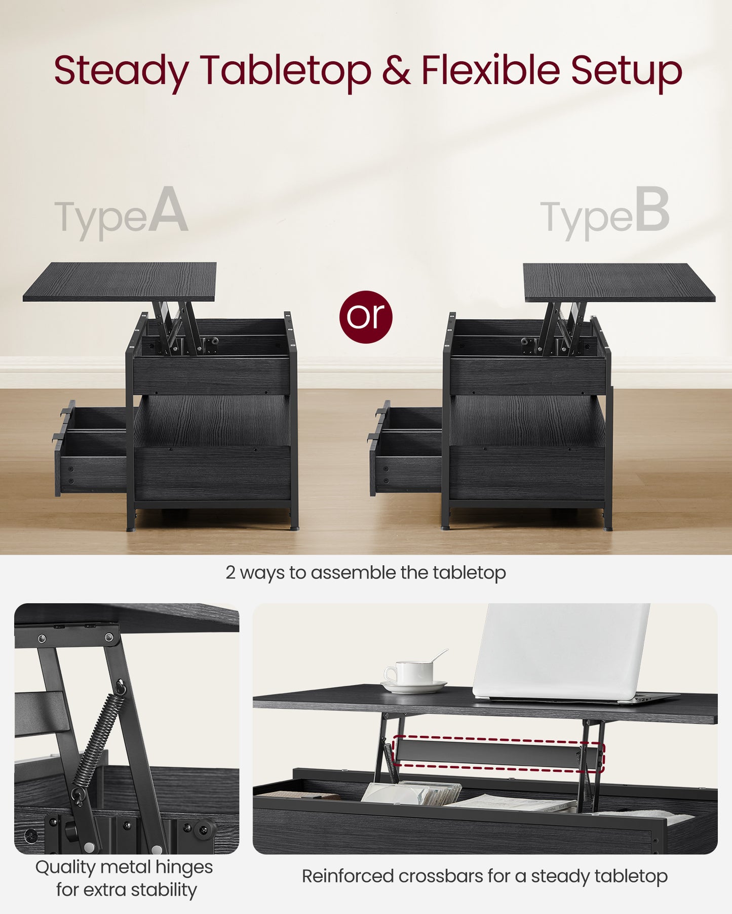 Multifunctional Folding Lift Top Coffee Table With Hidden Storage for Living Room