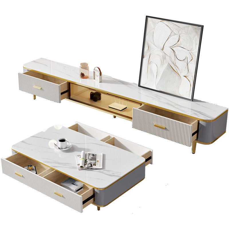 Floating White Large Living Room Furniture Marble Tv Stand and Coffee Table Set with Drawers