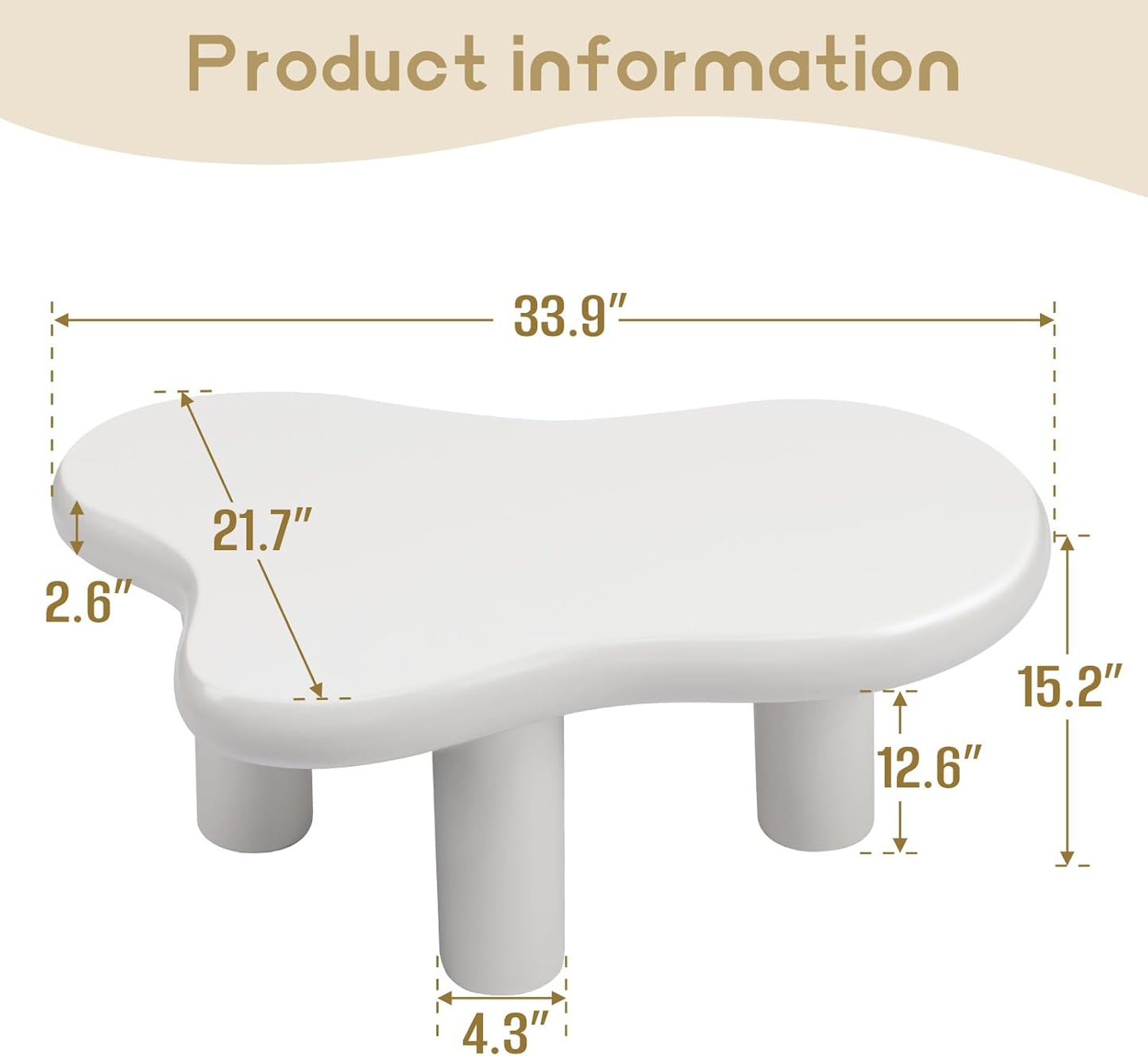 HollyHOME Cloud Coffee Table, Unique Design Accent Table for Living Room and Bedroom, Stylish and Functional Furniture Piece-Durable and Easy to Clean, Free Shape with 3 Legs, 33.9in, Cream White