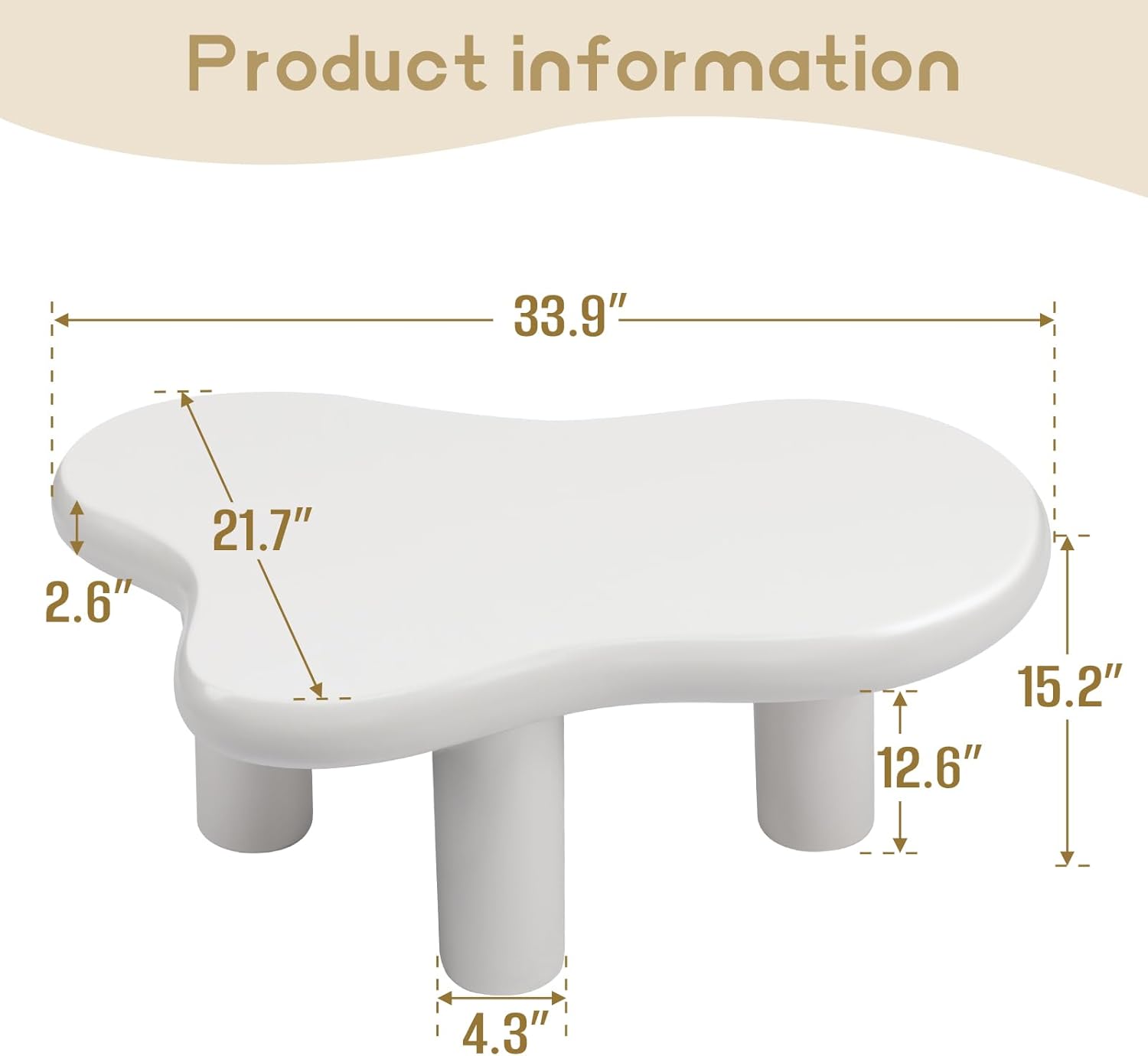 HollyHOME Cloud Coffee Table, Unique Design Accent Table for Living Room and Bedroom, Stylish and Functional Furniture Piece-Durable and Easy to Clean, Free Shape with 3 Legs, 33.9in, Cream White