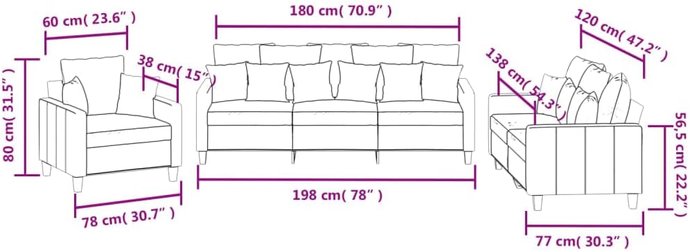 Brokky 3201639 3-Piece Sofa Set with Cushion Sofa Living Room Sofa Set Sofas for Living Room Taupe Fabric