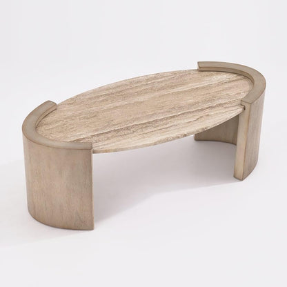 homary 43" Japandi Oval Travertine Stone Top Coffee Table – Double Pedestal Oval Coffee Table with Natural Beige Stone Surface and Engineered Wood Base for Living Room and Lounge