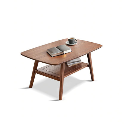 100% Solid Oak Coffee Table with Storage Shelf, 2-Tier Wooden Center Table for Living Room, Farmhouse Rustic Rectangle Table, Easy Assembly, Walnut Color, 39.37inch