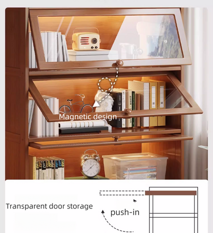 Retro Wooden Bookshelf with Doors Solid Wood Storage Cabinet