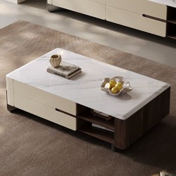 Marble Look Living Room Furniture Set Extendable Storage Coffee Table and TV Cabinet