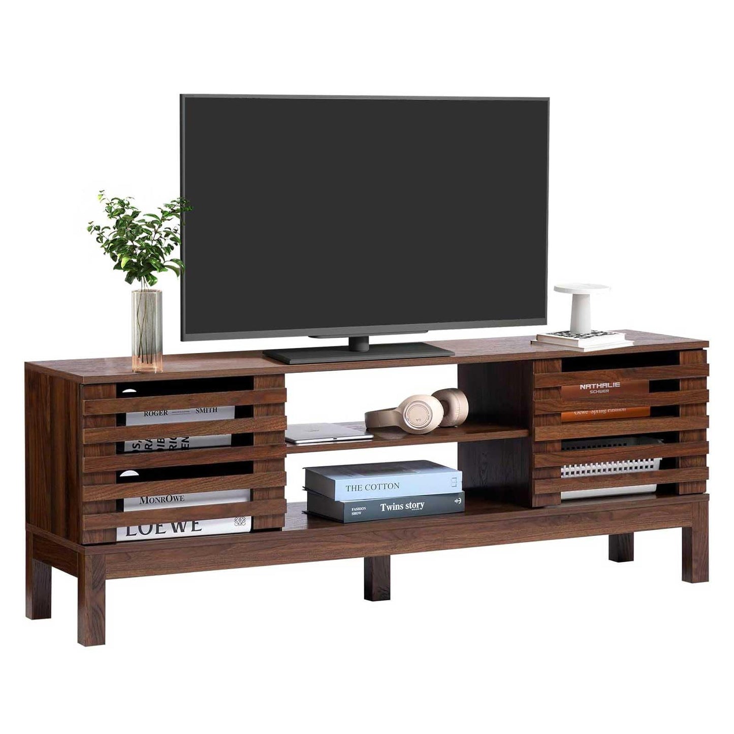HollyHOME Bamboo TV Stand with Storage for TVs up to 65'', Modern Entertainment Center with 2 Open Shelf, Accent Media Console Table for Living Room, Bedroom, 55"(L), Walnut