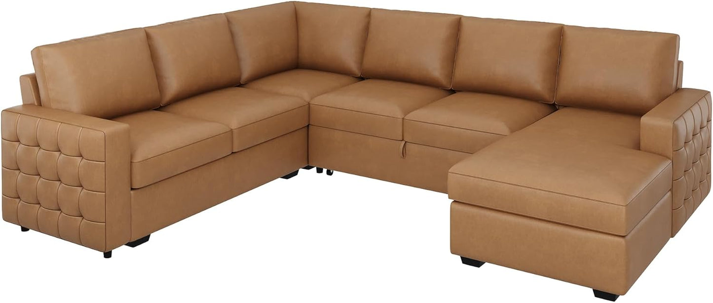 HONBAY Sleeper Sectional Couch with Pull-Out Bed Sectional Sleeper Sofa Pull Out Bed with Storage Chaise, 6 Seaters Couch for Living Room, Faux Leather Brown