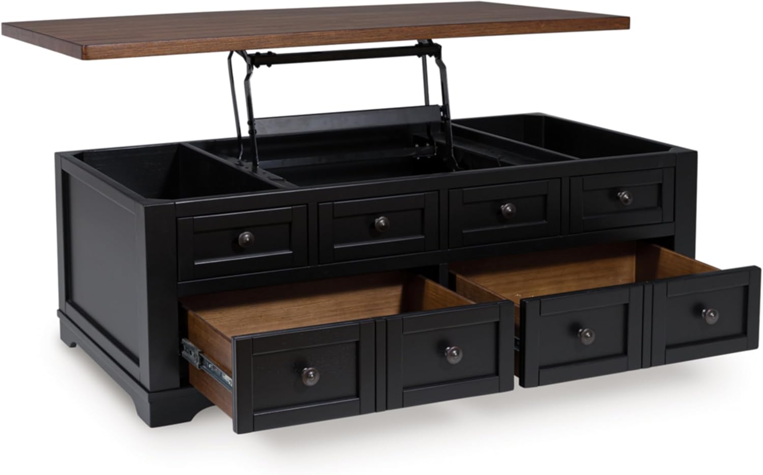 Signature Design by Ashley Wildenauer Farmhouse 2-Drawer Lift-Top Coffee Table with 2 Storage Bins Under Top and Casters, Light Brown & Black