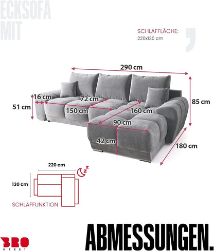 BROMARKT Corner Sofa with Sleep Function and Bed Box Sofa L Shape Couch 294 x 184 cm 5-Seater Living Room Corner Sofa Bed Living Landscape Nubes Dusky Pink
