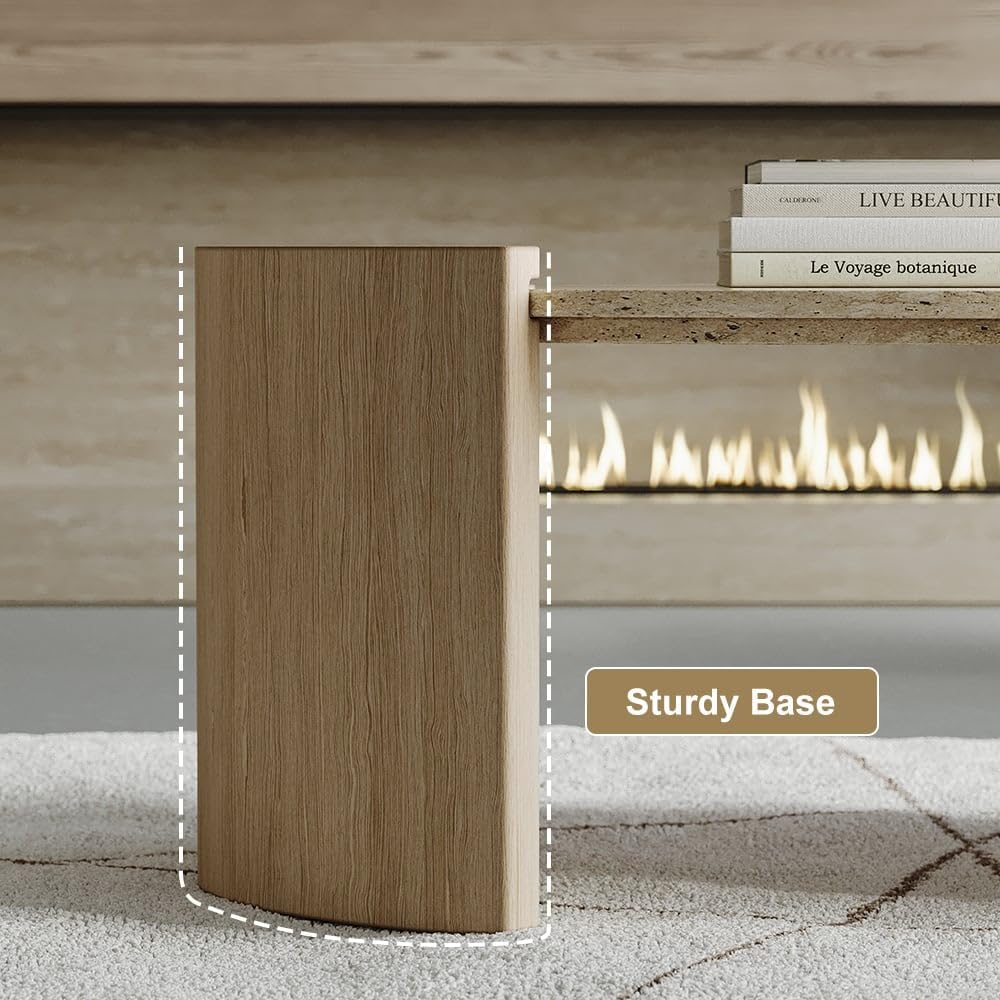 homary 43" Japandi Oval Travertine Stone Top Coffee Table – Double Pedestal Oval Coffee Table with Natural Beige Stone Surface and Engineered Wood Base for Living Room and Lounge