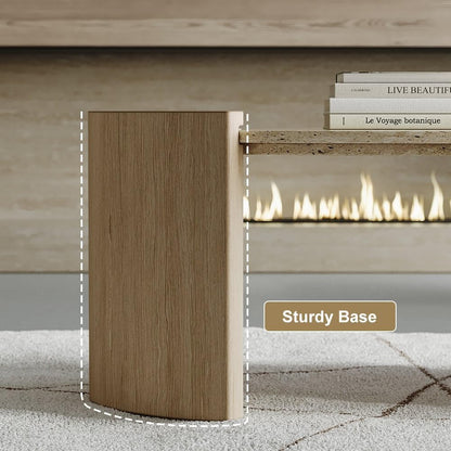 homary 43" Japandi Oval Travertine Stone Top Coffee Table – Double Pedestal Oval Coffee Table with Natural Beige Stone Surface and Engineered Wood Base for Living Room and Lounge