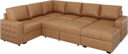 HONBAY Sleeper Sectional Couch with Pull-Out Bed Sectional Sleeper Sofa Pull Out Bed with Storage Chaise, 6 Seaters Couch for Living Room, Faux Leather Brown