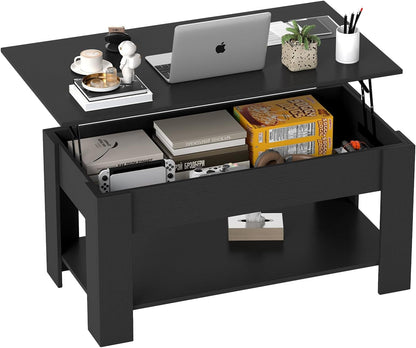 FDW 39.4" Lift Top Coffee Table with Hidden Compartment and Storage Shelf Wooden Lift Tabletop for Home Living Room Reception Room Office,Bark Black