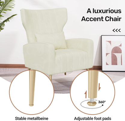 Relaxing Chair, Single Sofa, TV Chair, Wing Chair with Pillow and Gold Metal Feet Made of Velvet up to 130 kg, Bedroom, Living Room, Beige