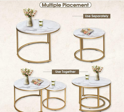 aboxoo Coffee Table Nesting White Set of 2 Side Set Golden Frame Circular Round and Marble Pattern Wooden Tables, Living Room Bedroom Apartment Modern Industrial Simple Nightstand