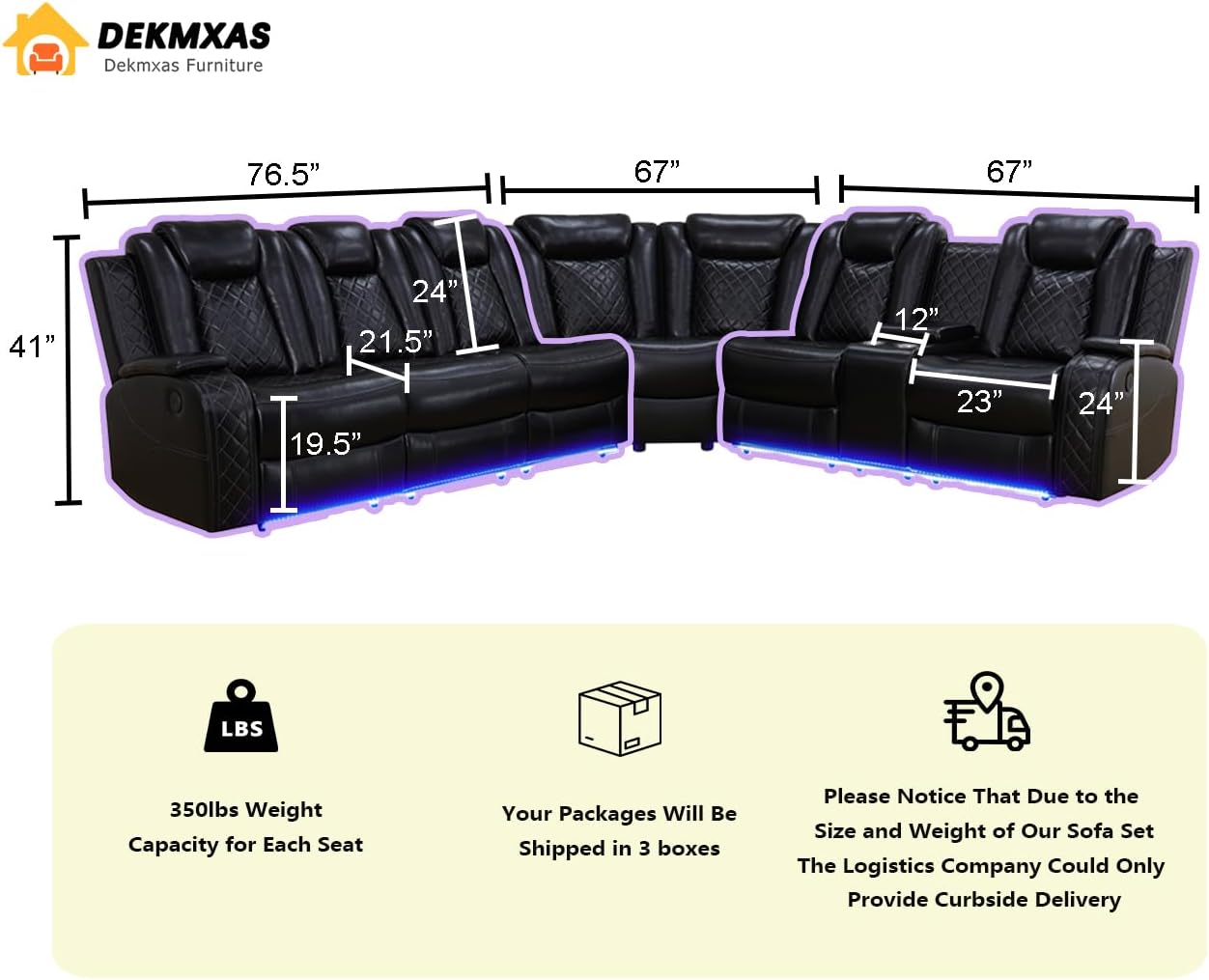 Power Recliner Sectional Sofa Set,Living Room Furniture Sets,Black Leather Sectional Reclining Couch Power Reclining Sofa with LED Light/Storage Console for Living Room