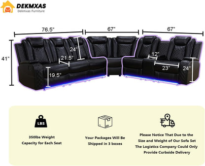 Power Recliner Sectional Sofa Set,Living Room Furniture Sets,Black Leather Sectional Reclining Couch Power Reclining Sofa with LED Light/Storage Console for Living Room