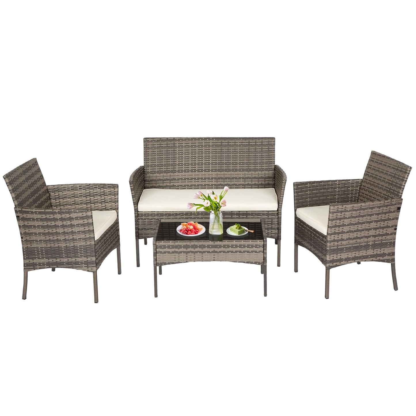 FDW | 4-Piece Patio Furniture Set | Black | Outdoor Wicker Furniture with Coffee Table | Modern Rattan Chairs Conversation Set | Outdoor Seating | Weather-Resistant | for Porch, Garden, Lawn