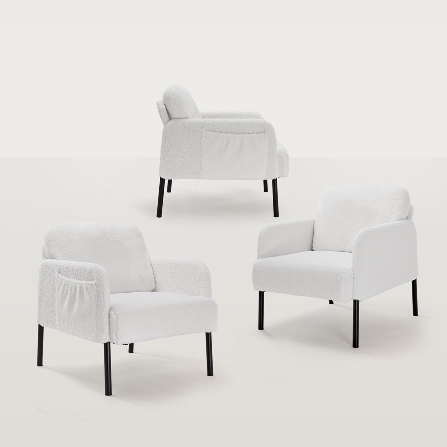 Mondeer Armchair, Single Lounge Sofa with Side Pocket with Metal Legs, Cosy Faux Lambskin Fabric, Modern, for Living Room, Bedroom, Study, 63 x 75 x 75 cm, White