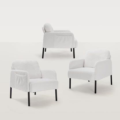 Mondeer Armchair, Single Lounge Sofa with Side Pocket with Metal Legs, Cosy Faux Lambskin Fabric, Modern, for Living Room, Bedroom, Study, 63 x 75 x 75 cm, White
