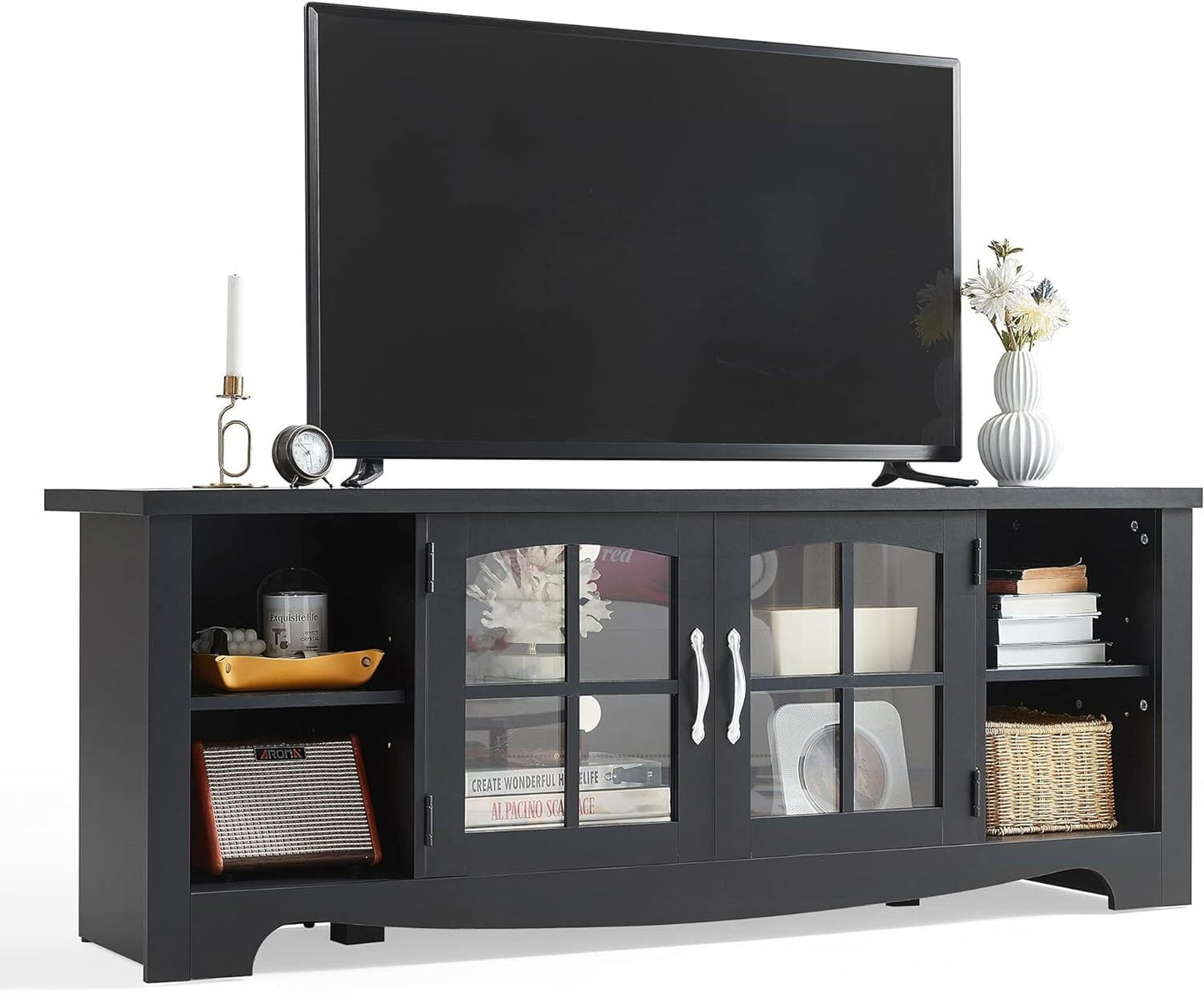 LINSY HOME Farmhouse TV Stand for 65 Inch TV, Wood Entertainment Center with Glass Door Storage Cabinet & Adjustable Shelves, Large Sturdy TV Console Table for Living Room Bedroom