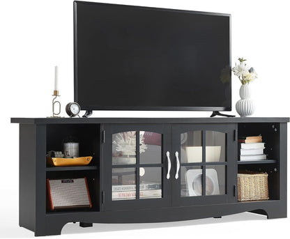 LINSY HOME Farmhouse TV Stand for 65 Inch TV, Wood Entertainment Center with Glass Door Storage Cabinet & Adjustable Shelves, Large Sturdy TV Console Table for Living Room Bedroom