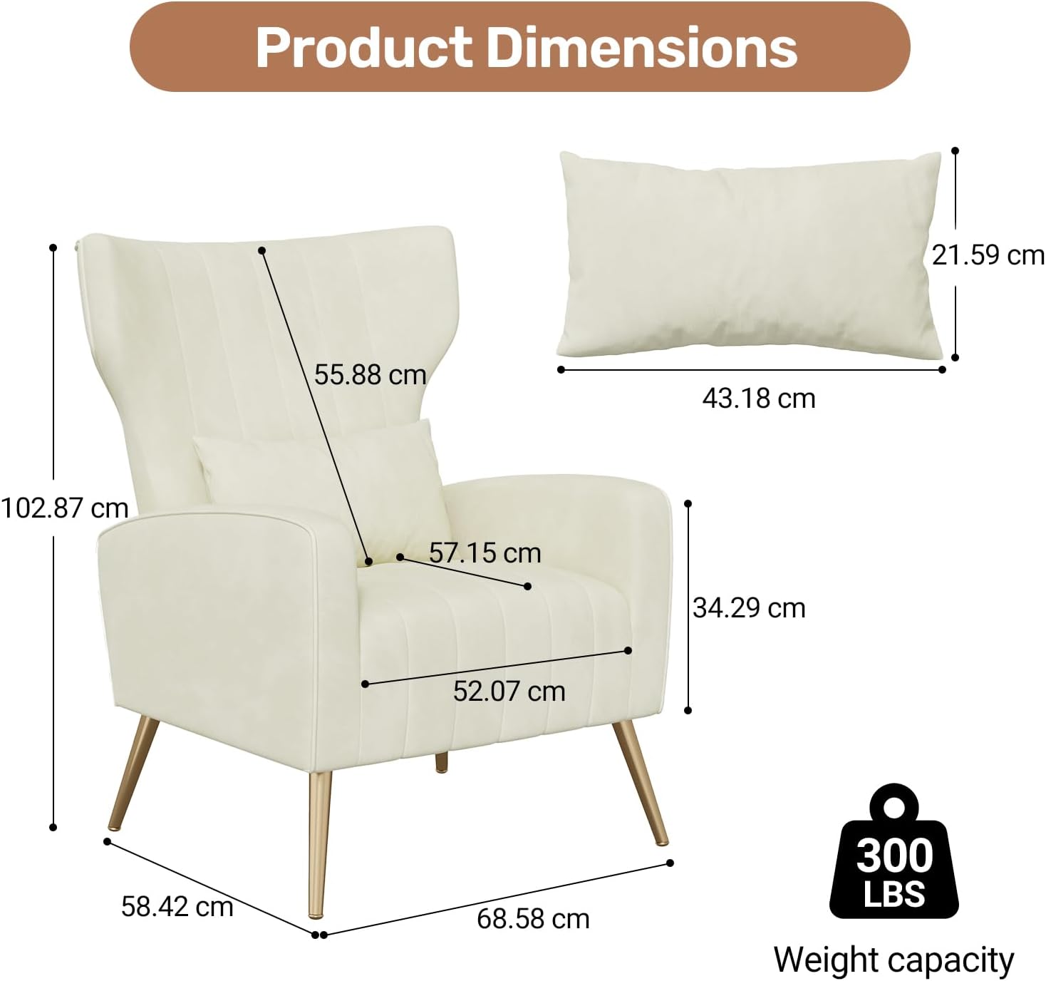 Relaxing Chair, Single Sofa, TV Chair, Wing Chair with Pillow and Gold Metal Feet Made of Velvet up to 130 kg, Bedroom, Living Room, Beige